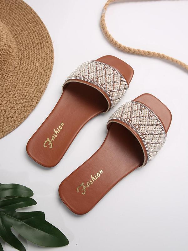 Women's Faux Pearl & Rhinestone Decorated Slip on Sandals, Casual New Trendy Square Toe Sandals for Summer, Fashionable Sandals for Outdoor Beach Vacation