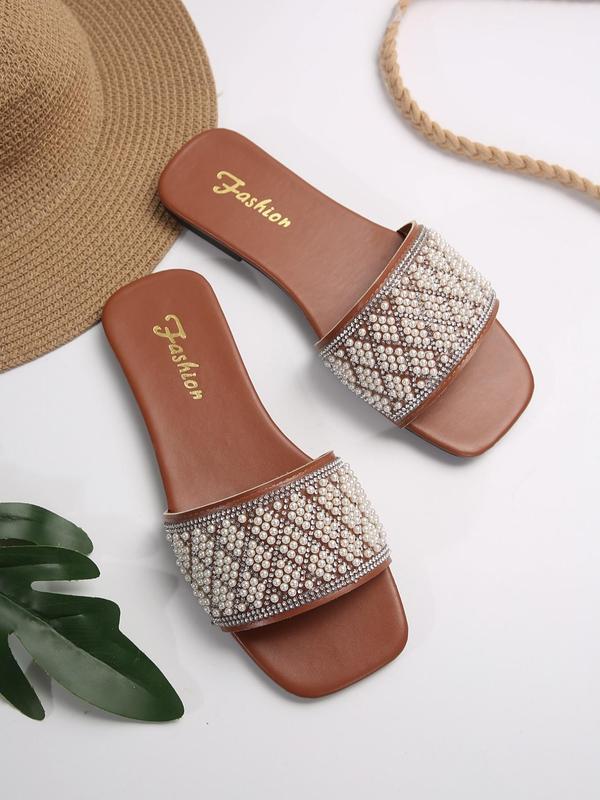 Women's Faux Pearl & Rhinestone Decorated Slip on Sandals, Casual New Trendy Square Toe Sandals for Summer, Fashionable Sandals for Outdoor Beach Vacation