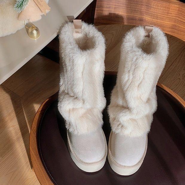 Fashionable round Toe Furry Stitching Warm Raise the Bottom Snow Boots Girl Women Shoe