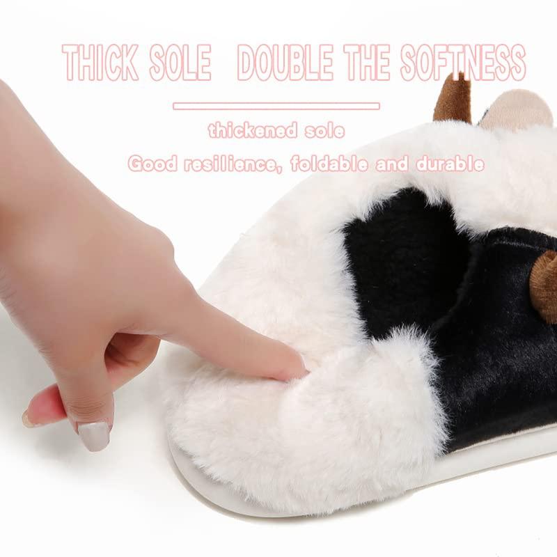 Women's Cow Slippers Cartoon Animal Comfy Full-wrapped Slippers Soft Plush Fluffy Slides House Shoes for Indoor