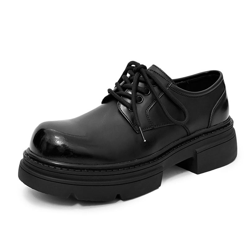 Men's Classic Black Derby Shoes - Thick Sole, Round Toe, Casual British Style with Slip-On Design & Rubber Sole