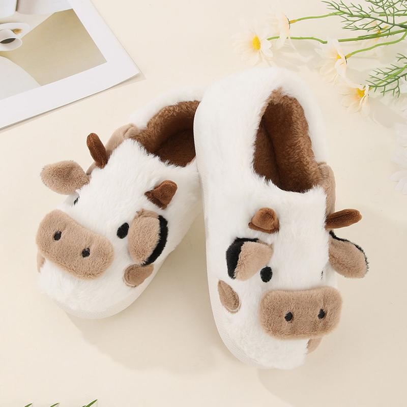 Women's Cow Slippers Cartoon Animal Comfy Full-wrapped Slippers Soft Plush Fluffy Slides House Shoes for Indoor