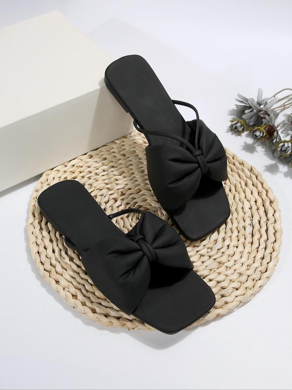 Women's Elegant Bowknot Design Slide Sandals, Simple Style Square Toe Slide Sandals, Fashionable All-match Flat Sandals for Summer Beach Wear