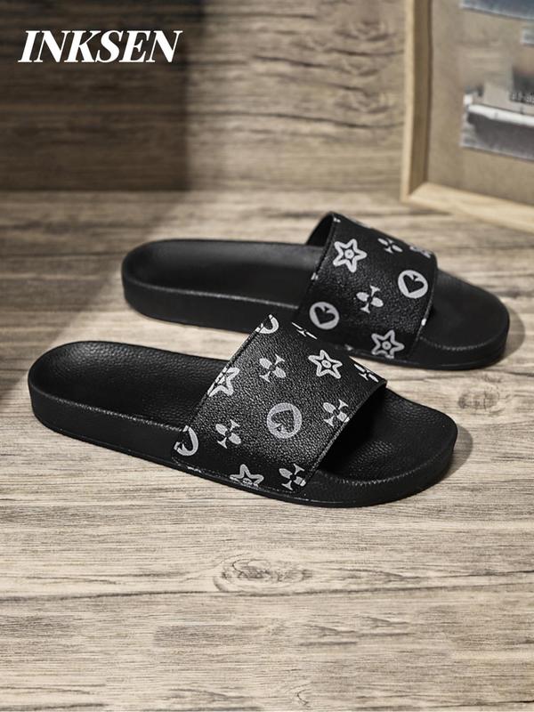 Men's Heart & Star Pattern Slides, Casual Comfortable Home Slippers, Soft Non-slip Slippers for Indoor & Outdoor Wear