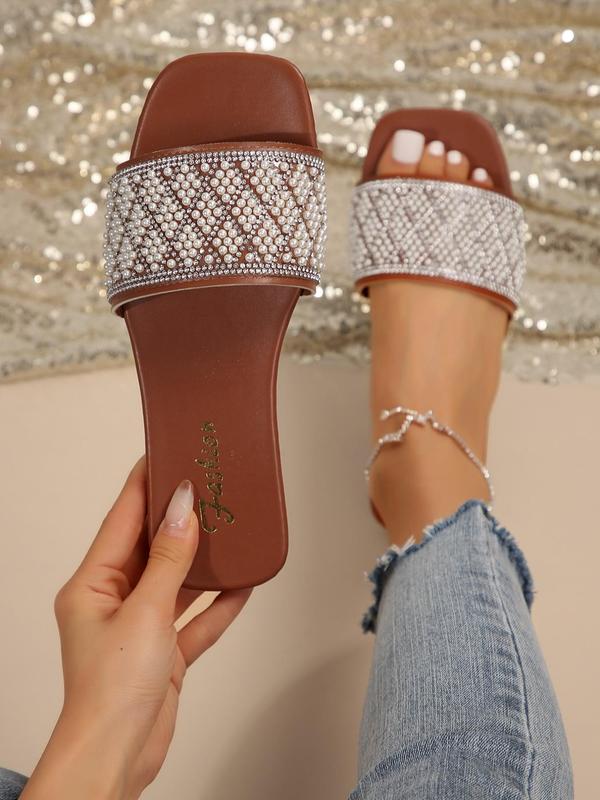 Women's Faux Pearl & Rhinestone Decorated Slip on Sandals, Casual New Trendy Square Toe Sandals for Summer, Fashionable Sandals for Outdoor Beach Vacation