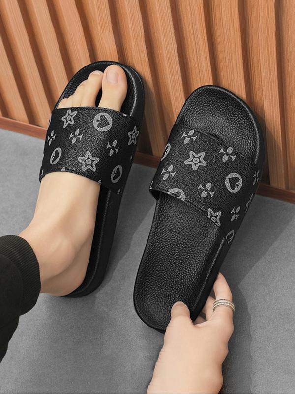 Men's Heart & Star Pattern Slides, Casual Comfortable Home Slippers, Soft Non-slip Slippers for Indoor & Outdoor Wear