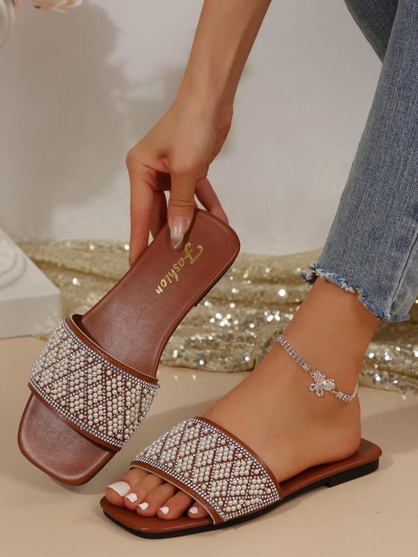 Women's Faux Pearl & Rhinestone Decorated Slip on Sandals, Casual New Trendy Square Toe Sandals for Summer, Fashionable Sandals for Outdoor Beach Vacation