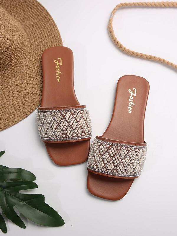 Women's Faux Pearl & Rhinestone Decorated Slip on Sandals, Casual New Trendy Square Toe Sandals for Summer, Fashionable Sandals for Outdoor Beach Vacation