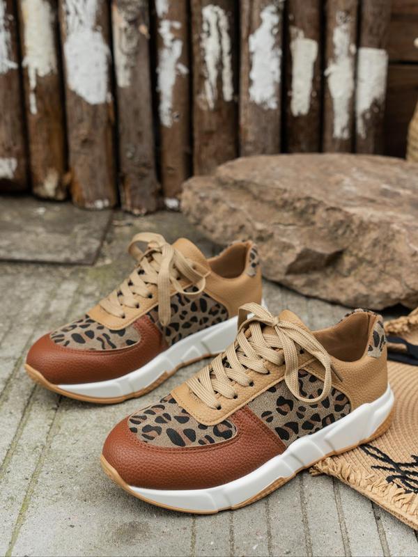 Women's Fashion Leopard Patchwork Lace Up Low Top Sneakers, Casual Comfortable Sports Running Shoes, Female All-match Round Toe Shoes for Daily Wear