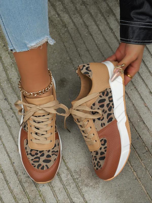 Women's Fashion Leopard Patchwork Lace Up Low Top Sneakers, Casual Comfortable Sports Running Shoes, Female All-match Round Toe Shoes for Daily Wear