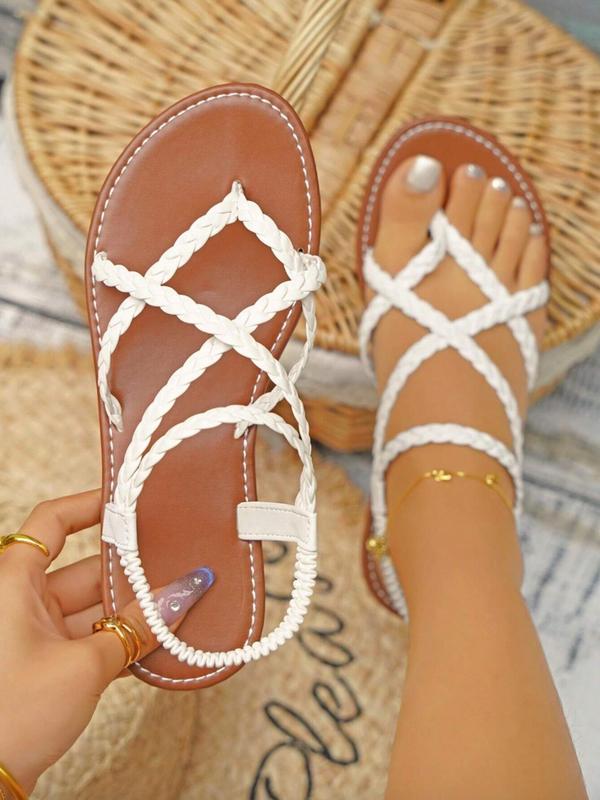 Women's Summer 2024 White Braided Flat Sandals, Casual Elastic Band Clip Toe Popular 2024 Summer Sandals for Travel, Fashion All-match Cross Strap Beach Walking Shoes