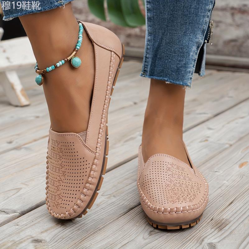 Women's Retro Perforated Flat Shoes, Comfy Breathable Round Toe Slip On Shoes, Casual Outdoor Loafers Footwear Walking Shoes