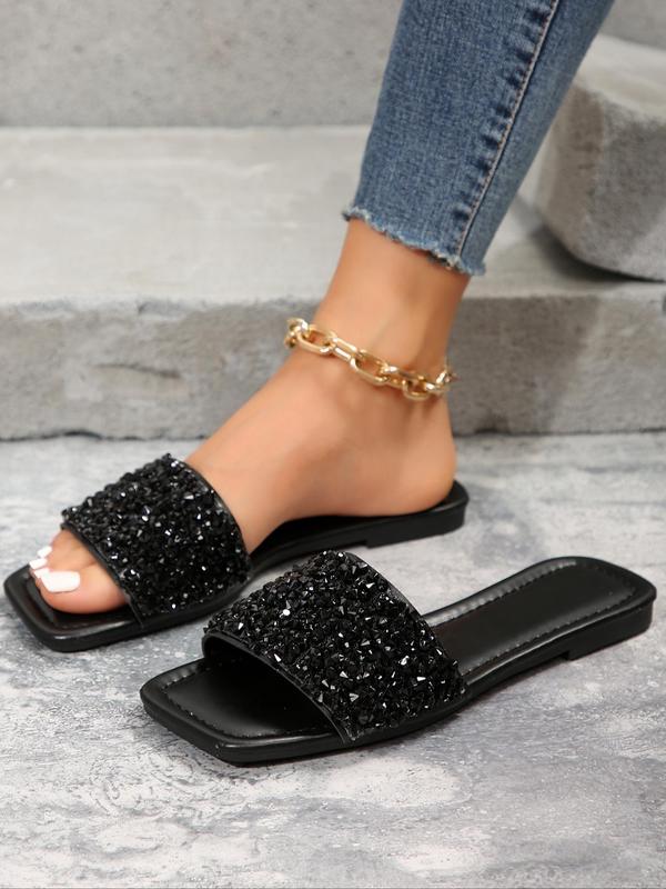 Women's 1 Pair Artificial Crystal Decorated Slide Sandals, Casual Non-slip Flat Square Toe Sandals for Summer Beach Vacation, Fashion Women's Shoes