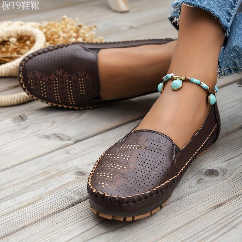 Women's Retro Perforated Flat Shoes, Comfy Breathable Round Toe Slip On Shoes, Casual Outdoor Loafers Footwear Walking Shoes