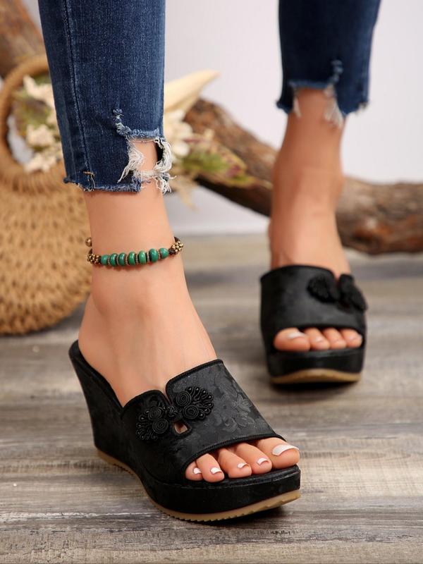 Women's Elegant Traditional Chinese Style Wedge Sandals, Trendy Exquisite Slip on Platform Sandals, Fashionable Sandals for Summer Beach Vacation