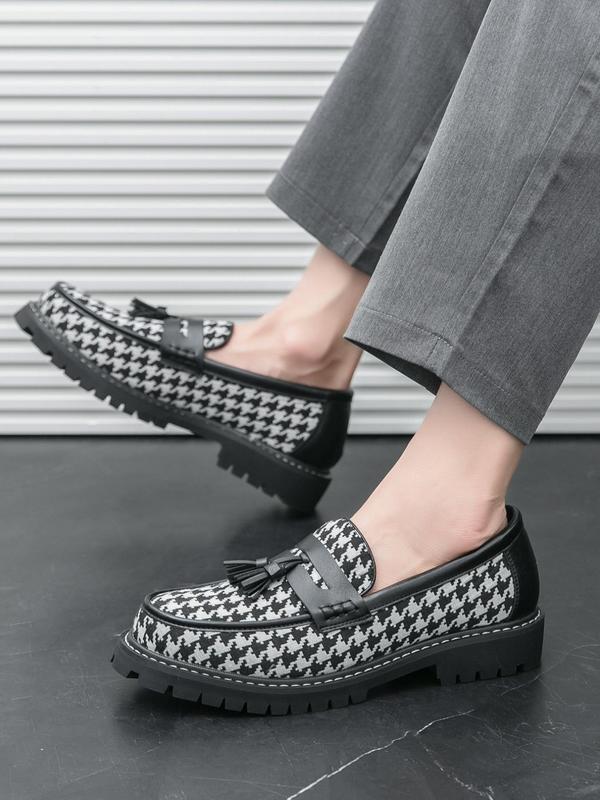 Men's Fashionable Houndstooth Pattern Tassel Decor Loafers, Casual Comfortable Loafers for Daily Wear, Fashion Shoes for Party, Daily Clothing Decor