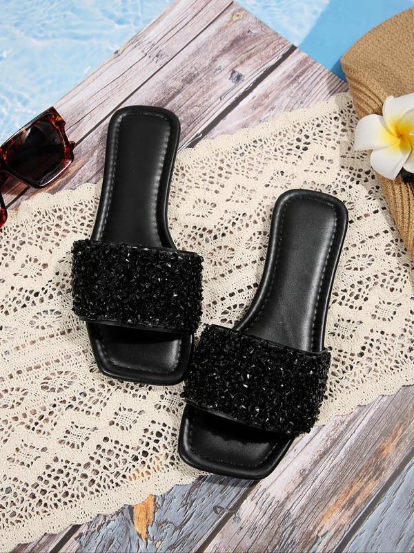 Women's 1 Pair Artificial Crystal Decorated Slide Sandals, Casual Non-slip Flat Square Toe Sandals for Summer Beach Vacation, Fashion Women's Shoes