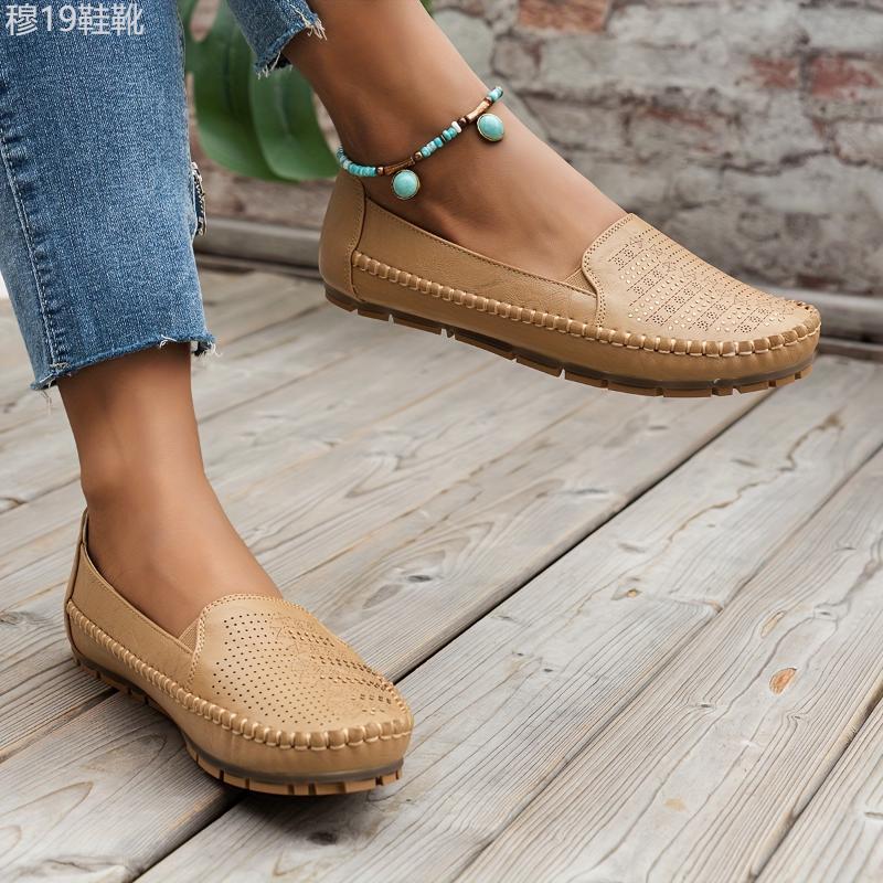 Women's Retro Perforated Flat Shoes, Comfy Breathable Round Toe Slip On Shoes, Casual Outdoor Loafers Footwear Walking Shoes