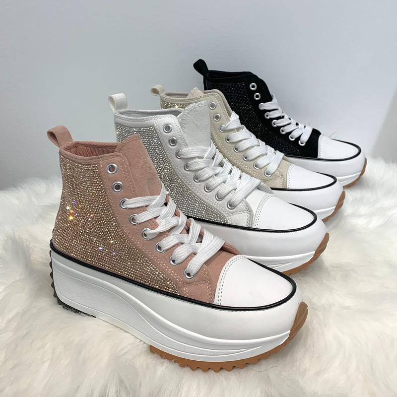 Women's Platform Rhinestone Embellished Lace Up Sneakers Footwear Girl Shoe Walking Shoes Casual Comfort Trainer Training Running Runner Sports