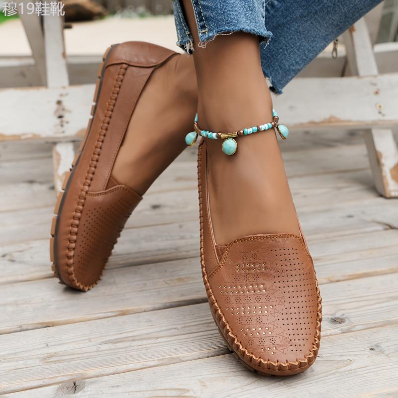 Women's Retro Perforated Flat Shoes, Comfy Breathable Round Toe Slip On Shoes, Casual Outdoor Loafers Footwear Walking Shoes