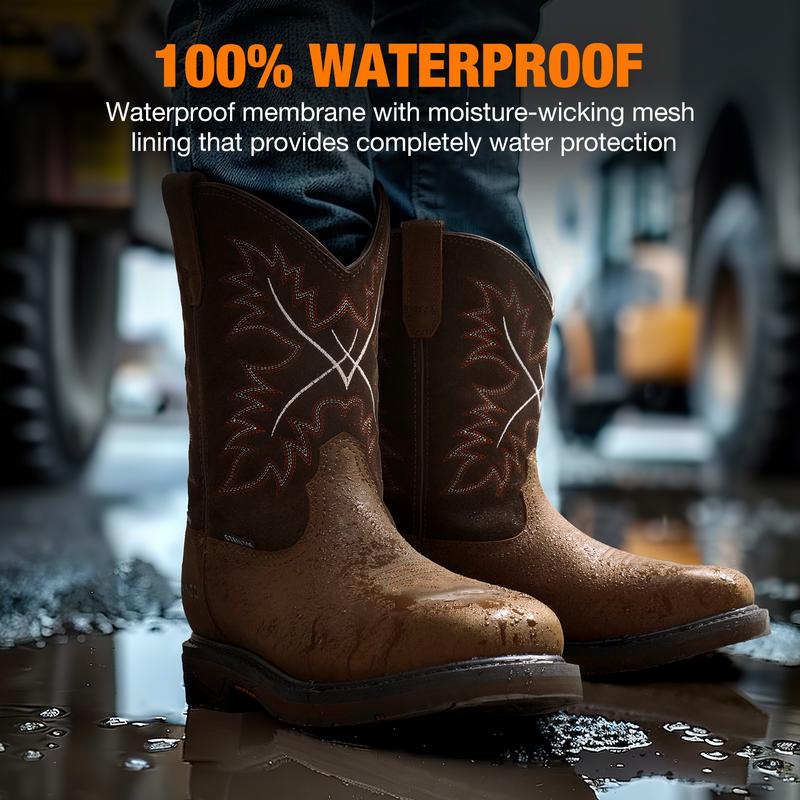 Men's Cowboy Boots - Waterproof Steel Toe Work Boots with Square Toe | Safety Footwear for Construction & Farming | Oil Resistant, EH Protection, and Anti-Slip Western Boots for Daily Wear