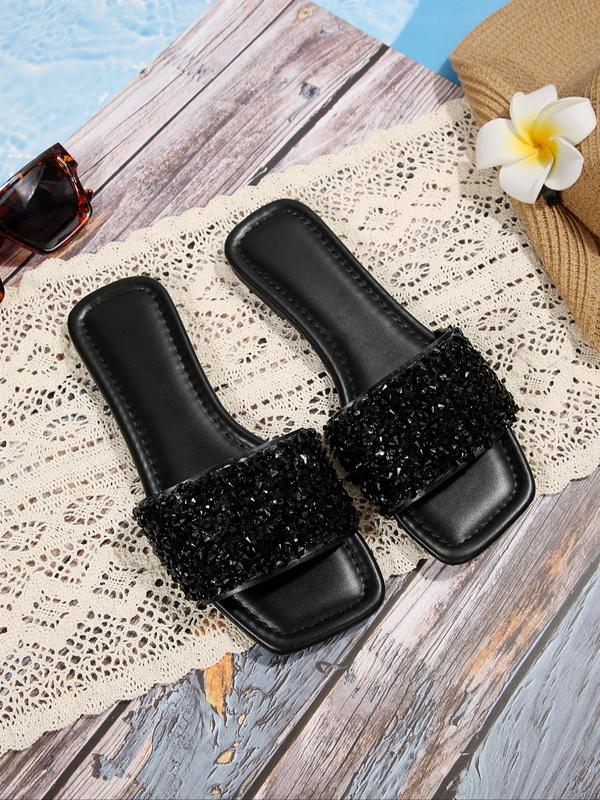 Women's 1 Pair Artificial Crystal Decorated Slide Sandals, Casual Non-slip Flat Square Toe Sandals for Summer Beach Vacation, Fashion Women's Shoes