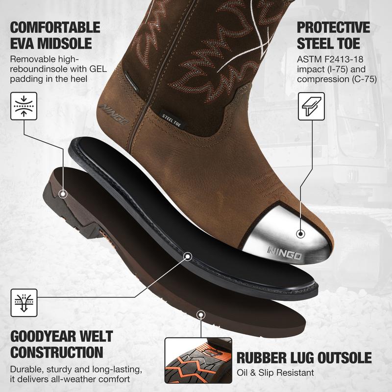 Men's Cowboy Boots - Waterproof Steel Toe Work Boots with Square Toe | Safety Footwear for Construction & Farming | Oil Resistant, EH Protection, and Anti-Slip Western Boots for Daily Wear