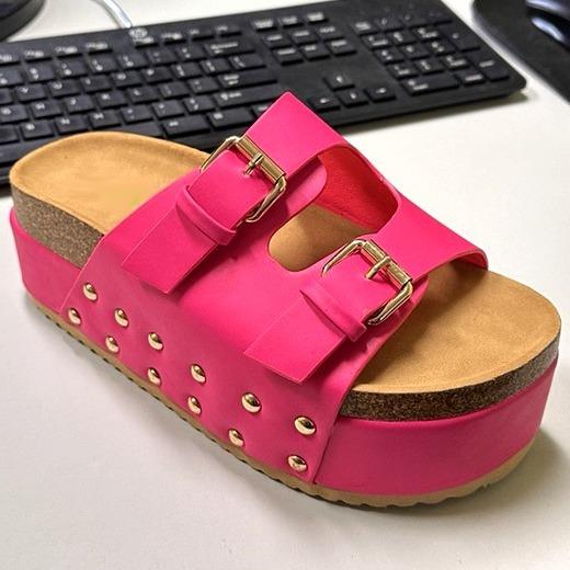 Pazzle Emily Faux Leather Platform Double Buckle Sandals Casual Boho Shoe Footwear Summer Thick Women Girl Walking Shoes Makapal Nail