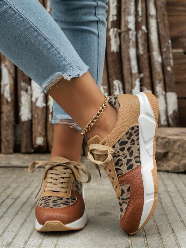 Women's Fashion Leopard Patchwork Lace Up Low Top Sneakers, Casual Comfortable Sports Running Shoes, Female All-match Round Toe Shoes for Daily Wear