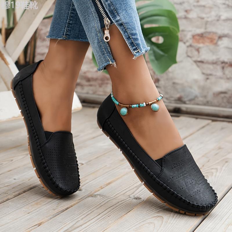 Women's Retro Perforated Flat Shoes, Comfy Breathable Round Toe Slip On Shoes, Casual Outdoor Loafers Footwear Walking Shoes