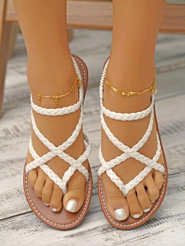 Women's Summer 2024 White Braided Flat Sandals, Casual Elastic Band Clip Toe Popular 2024 Summer Sandals for Travel, Fashion All-match Cross Strap Beach Walking Shoes