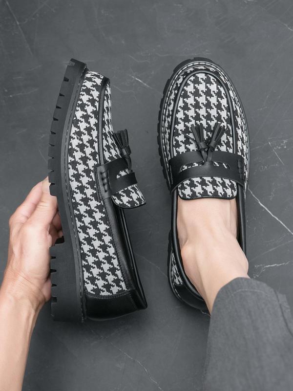 Men's Fashionable Houndstooth Pattern Tassel Decor Loafers, Casual Comfortable Loafers for Daily Wear, Fashion Shoes for Party, Daily Clothing Decor