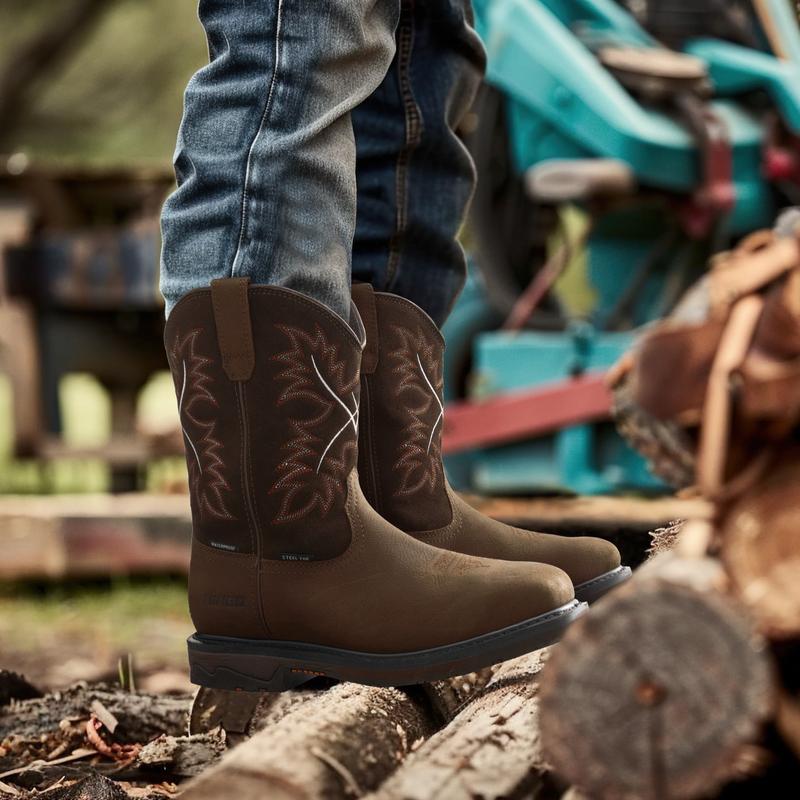 Men's Cowboy Boots - Waterproof Steel Toe Work Boots with Square Toe | Safety Footwear for Construction & Farming | Oil Resistant, EH Protection, and Anti-Slip Western Boots for Daily Wear