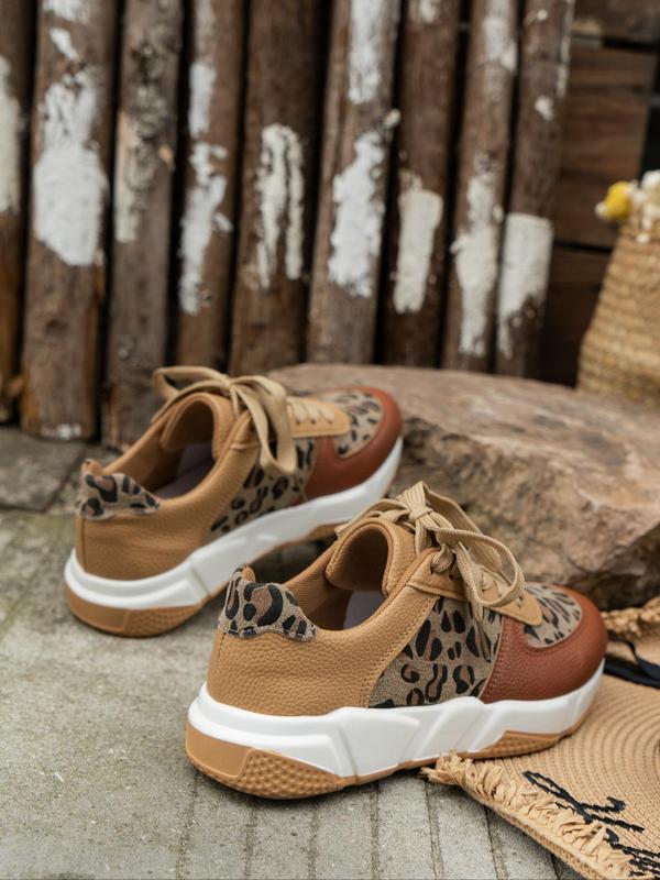 Women's Fashion Leopard Patchwork Lace Up Low Top Sneakers, Casual Comfortable Sports Running Shoes, Female All-match Round Toe Shoes for Daily Wear