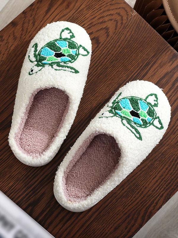 Women's Cute Turtle Pattern Design Plush Slippers, Casual Soft Comfortable Home Slippers, Warm Slippers for Indoor & Outdoor Use for Fall & Winter