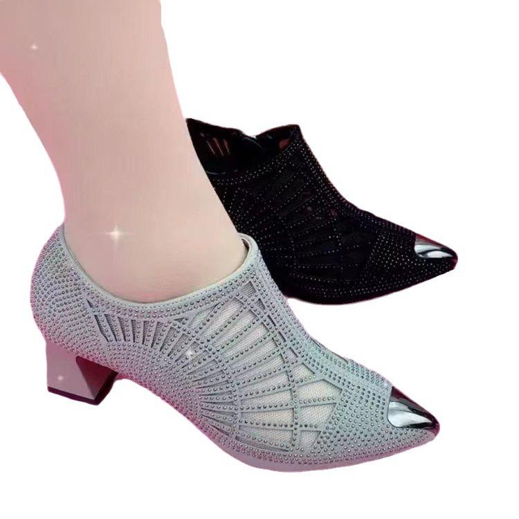 Cross-Border Rhinestone Breathable Deep Mouth Pumps Women's New Pointed Toe Chunky Heel Mom Shoes Dancing Shoes Comfortable Versatile Women's Shoes