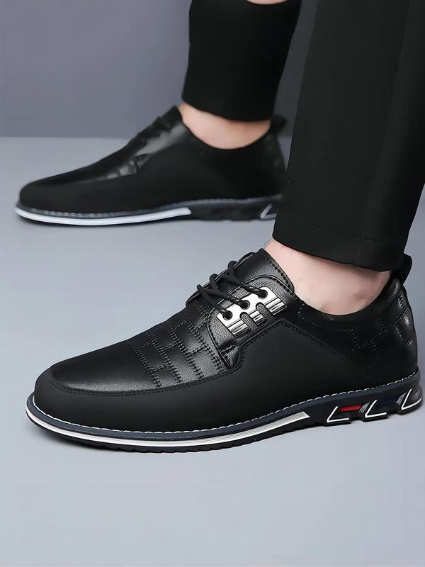 Men's Business Solid Color Patchwork Design Lace up Front Pu Leather Shoes, Fashionable Comfortable Slip-on Loafers for Work Office, Plaid Embroidered Flat Shoes