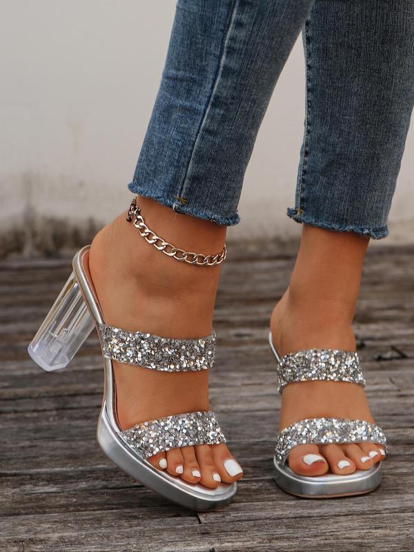 Women's Fashionable Glitter Decorated Slip on Sandals, 1 Pair Casual and Versatile Open Toe Sandals for Summer, Breathable Comfortable Shoes for Daily Wear