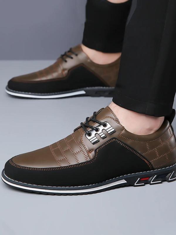 Men's Business Solid Color Patchwork Design Lace up Front Pu Leather Shoes, Fashionable Comfortable Slip-on Loafers for Work Office, Plaid Embroidered Flat Shoes