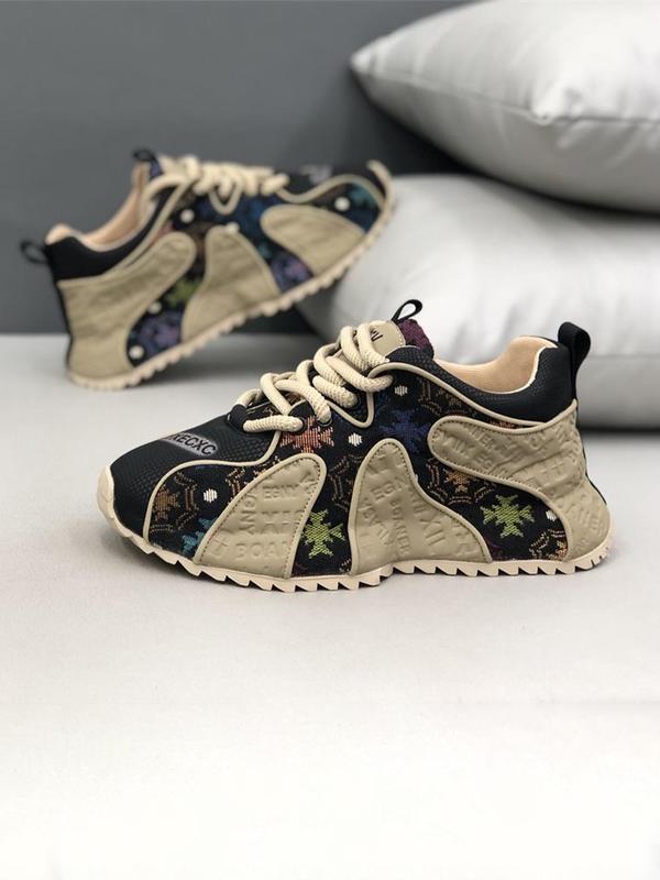 Men's Fashionable Patchwork Print Lace Up Low Top Sneakers, Casual Comfortable Breathable Sports Running Shoes, Male All-match Round Toe Shoes for Daily Wear