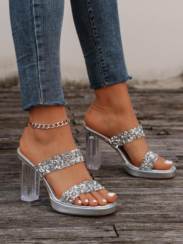 Women's Fashionable Glitter Decorated Slip on Sandals, 1 Pair Casual and Versatile Open Toe Sandals for Summer, Breathable Comfortable Shoes for Daily Wear