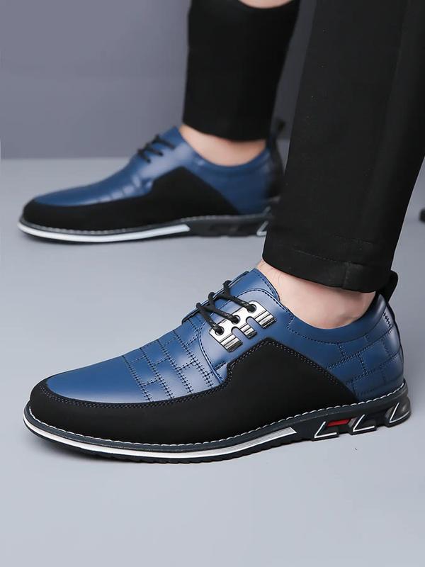 Men's Business Solid Color Patchwork Design Lace up Front Pu Leather Shoes, Fashionable Comfortable Slip-on Loafers for Work Office, Plaid Embroidered Flat Shoes