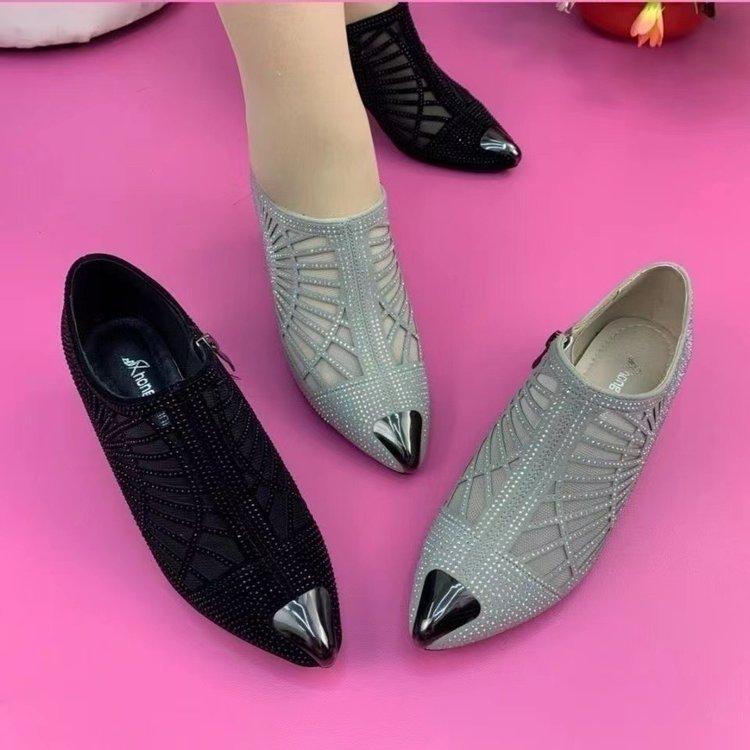 Cross-Border Rhinestone Breathable Deep Mouth Pumps Women's New Pointed Toe Chunky Heel Mom Shoes Dancing Shoes Comfortable Versatile Women's Shoes