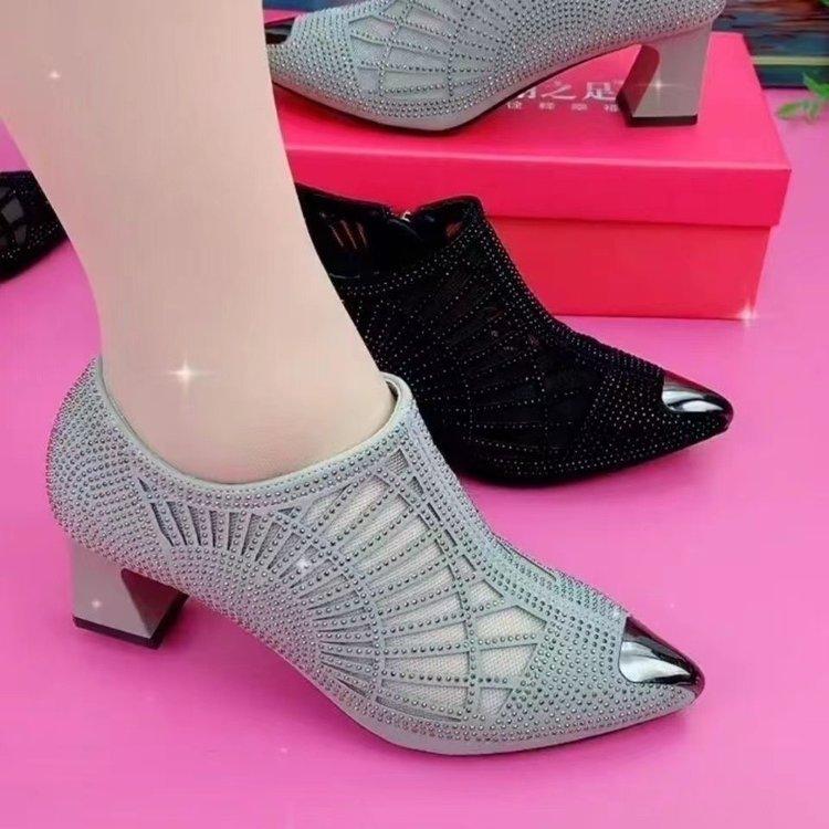 Cross-Border Rhinestone Breathable Deep Mouth Pumps Women's New Pointed Toe Chunky Heel Mom Shoes Dancing Shoes Comfortable Versatile Women's Shoes