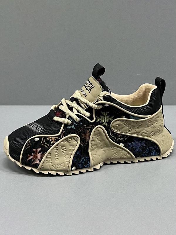 Men's Fashionable Patchwork Print Lace Up Low Top Sneakers, Casual Comfortable Breathable Sports Running Shoes, Male All-match Round Toe Shoes for Daily Wear