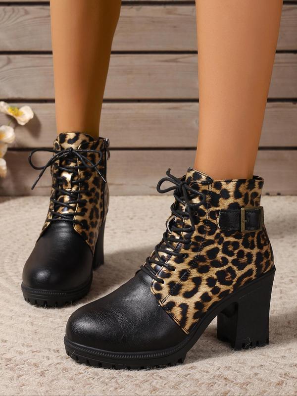 Fashion Leopard Print Lace Up Ankle Boots, 2024 New Style Casual Comfortable Round Toe Boots for Daily Wear, Female All-match Trend Shoes for Daily Wear