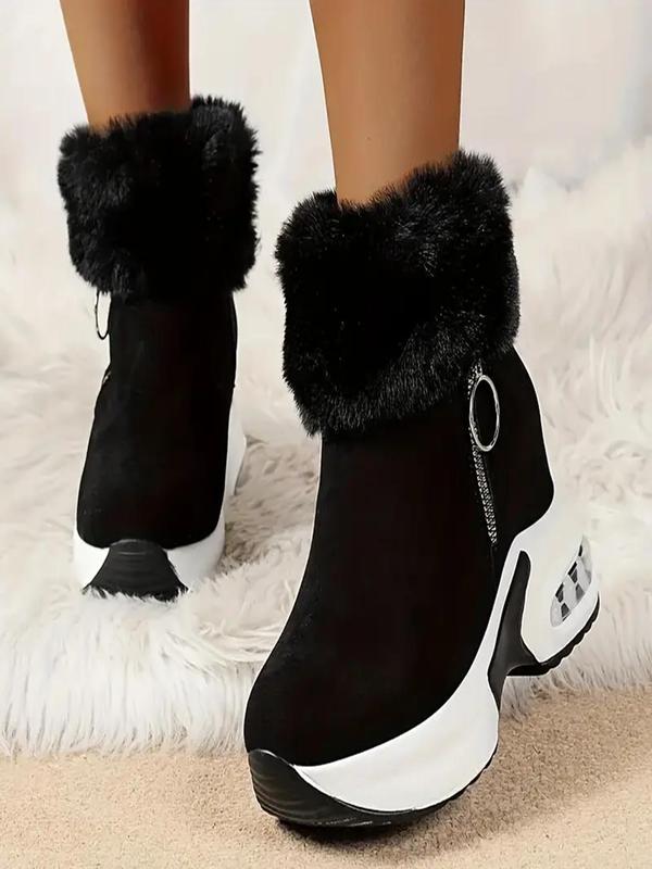 Women's Fashionable Solid Color Zipper Platform Ankle Boots, Casual Warm Fluffy Plush Boots for Fall & Winter, Female All-match Trendy Shoes for Daily Wear, Boots for Women, Platform Boots