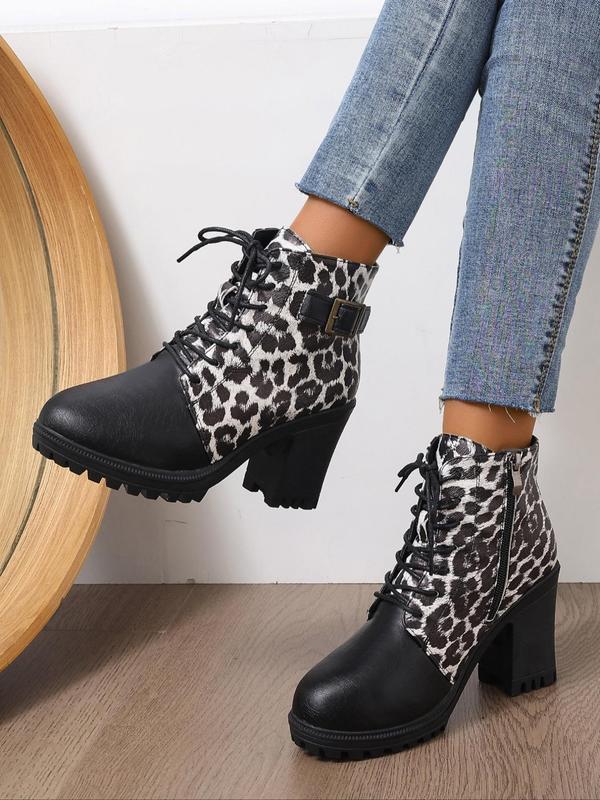 Fashion Leopard Print Lace Up Ankle Boots, 2024 New Style Casual Comfortable Round Toe Boots for Daily Wear, Female All-match Trend Shoes for Daily Wear