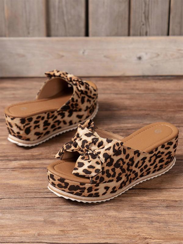 Women's Cute Bow Decor Leopard Print Wedge Walking Shoes , Casual Trendy Slip on Wedge Popular 2024 Summer Sandals, Fashionable Footwear for Daily Summer Vacation Beach Wear