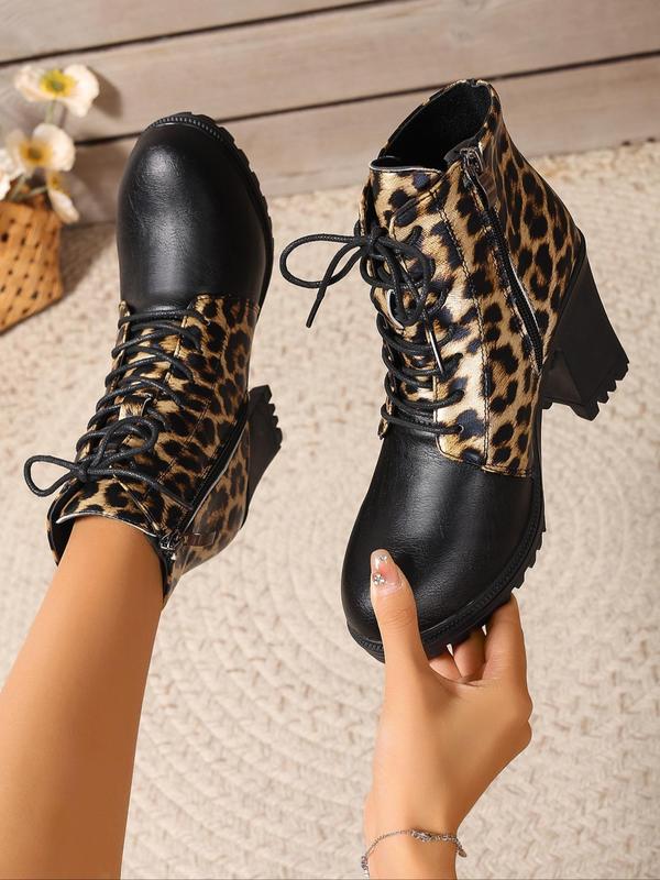 Fashion Leopard Print Lace Up Ankle Boots, 2024 New Style Casual Comfortable Round Toe Boots for Daily Wear, Female All-match Trend Shoes for Daily Wear